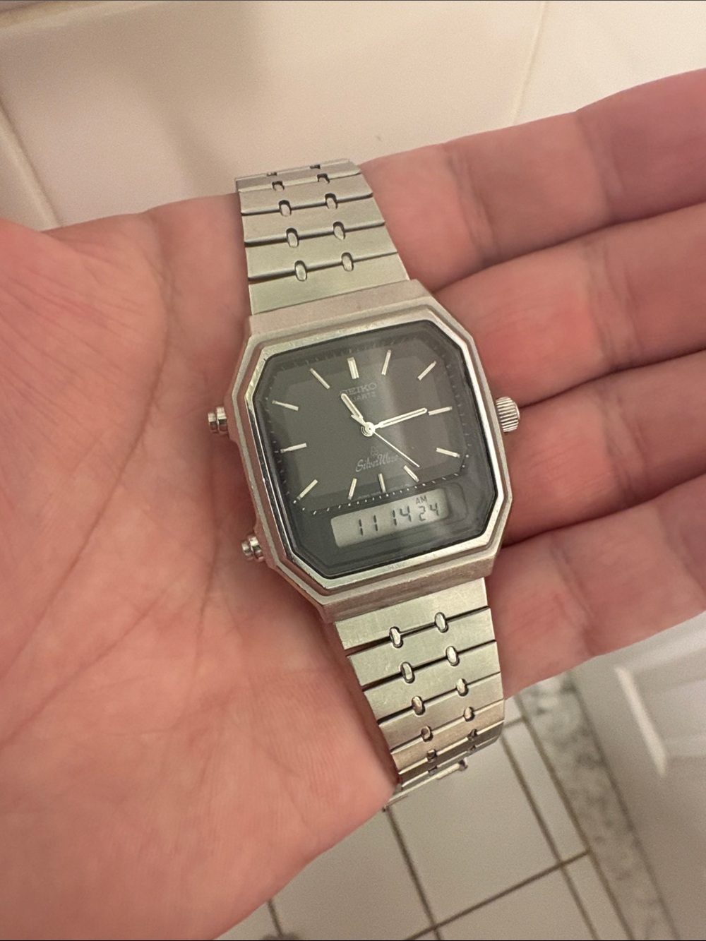 Seiko Silver Case Black Dial Analog-Digital Wristwatch